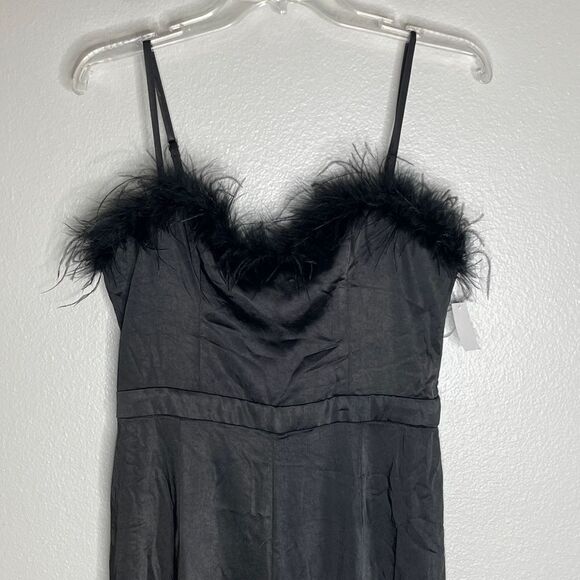 Lulu’s Black Feather Together Satin Wide Leg Jumpsuit Medium - Picture 6 of 16